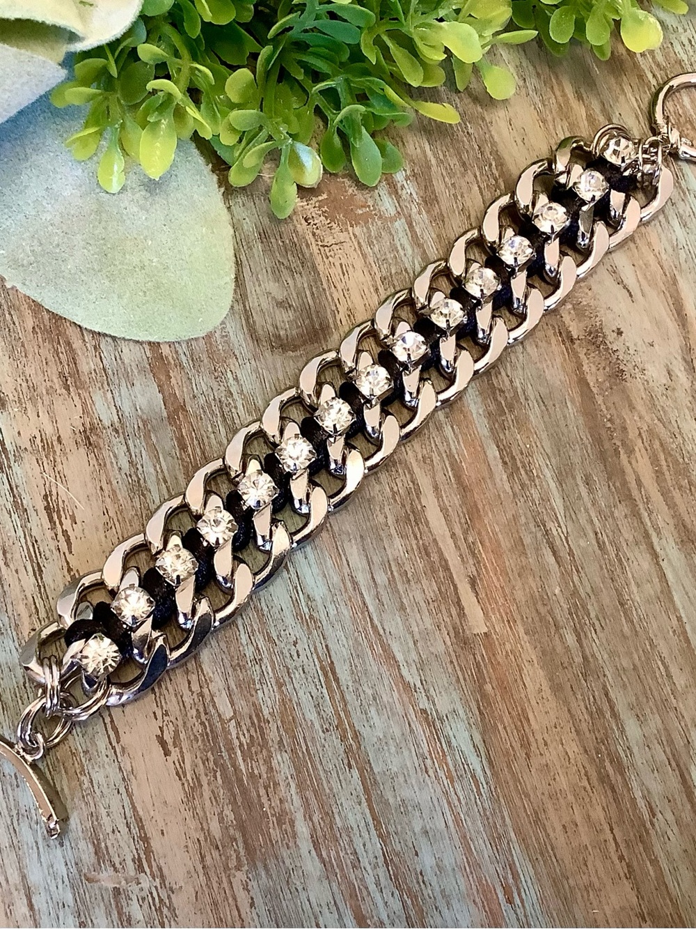 Chunky, stainless steel & rhinestone woven, statement bracelet!